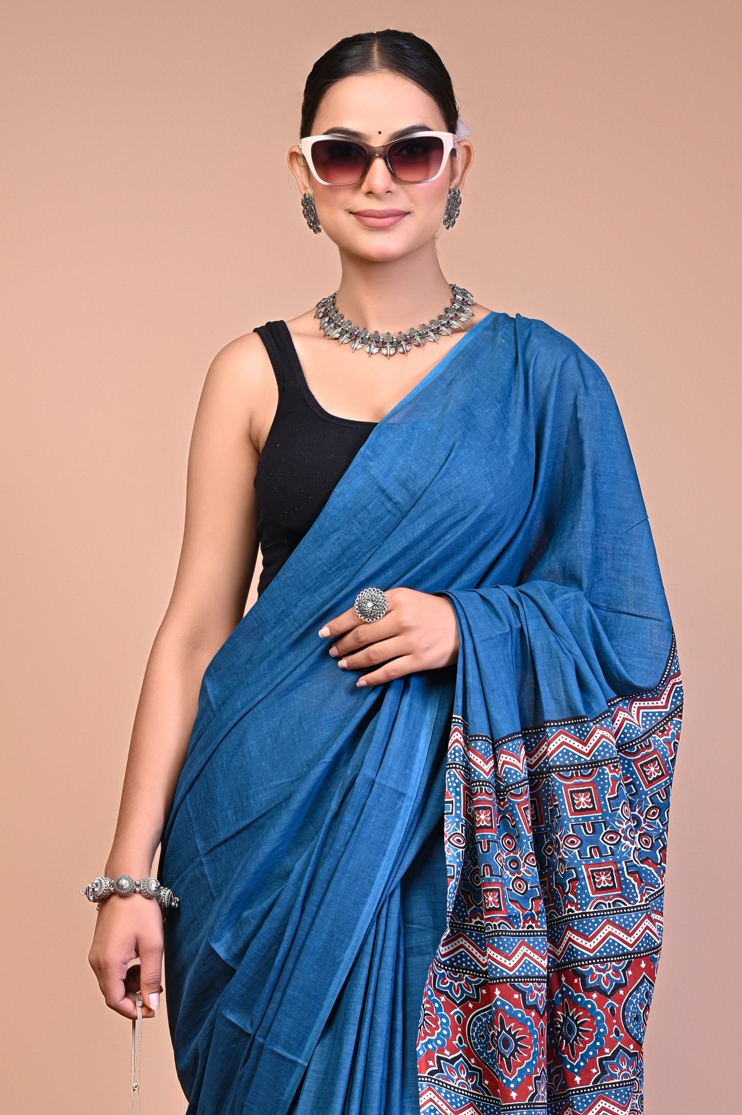 Ajrakh — Teal Geometric Pallu