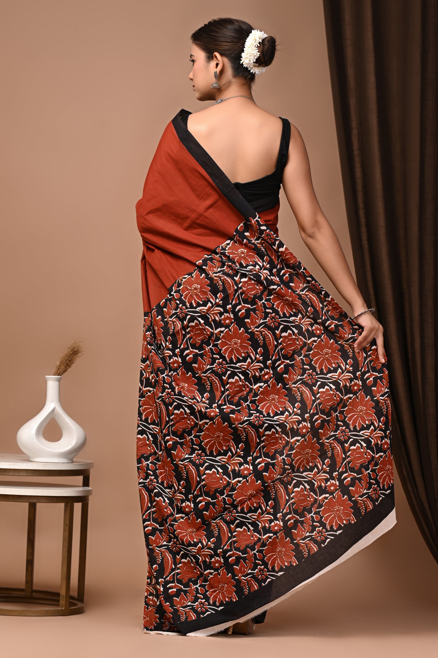 Rust Cotton Mulmul Kalamkari Floral Print Saree