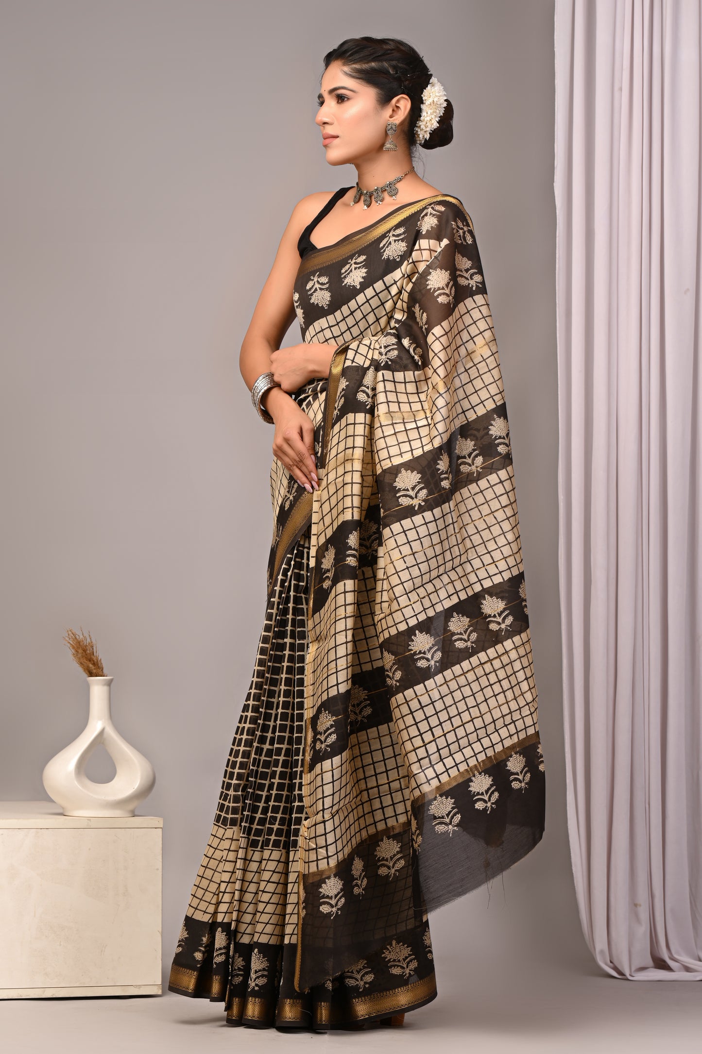Maheshwari — Noir Grid Blossom