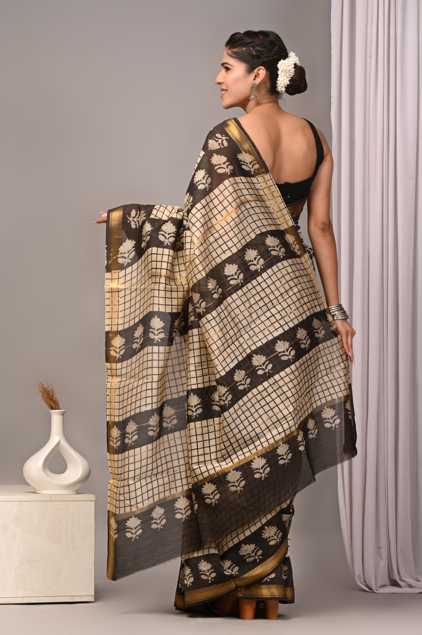 Maheshwari — Noir Grid Blossom