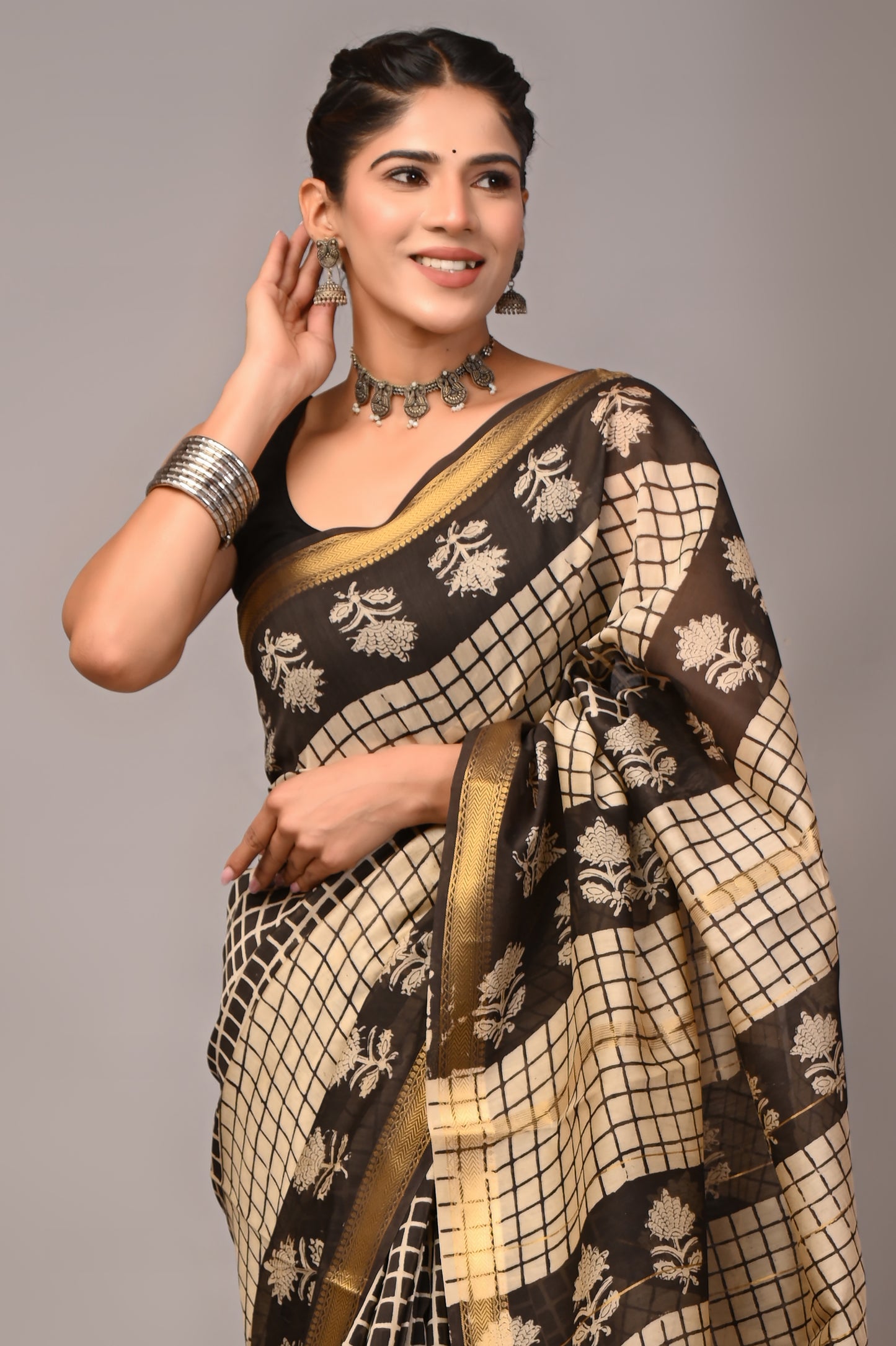 Maheshwari — Noir Grid Blossom