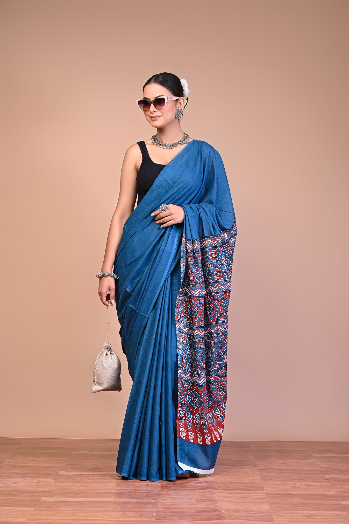 Ajrakh — Teal Geometric Pallu