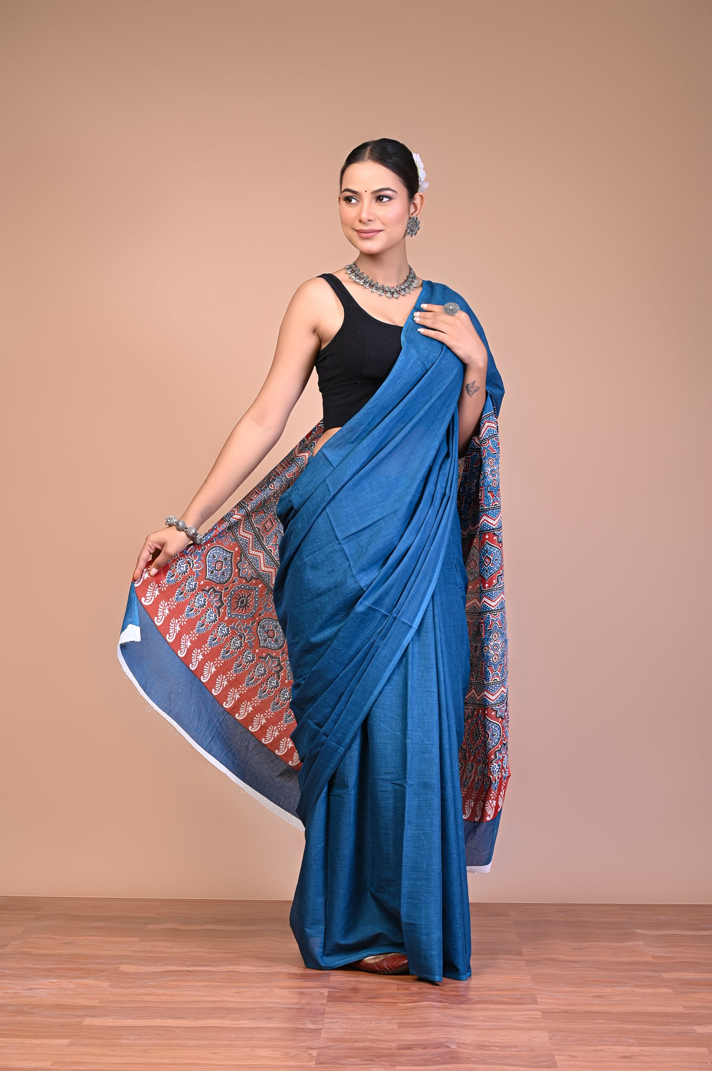 Ajrakh — Teal Geometric Pallu