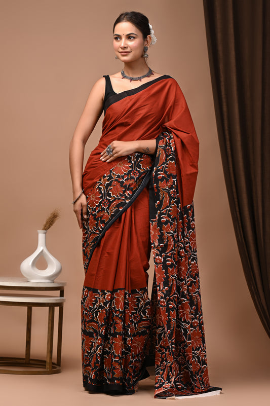 Rust Cotton Mulmul Kalamkari Floral Print Saree