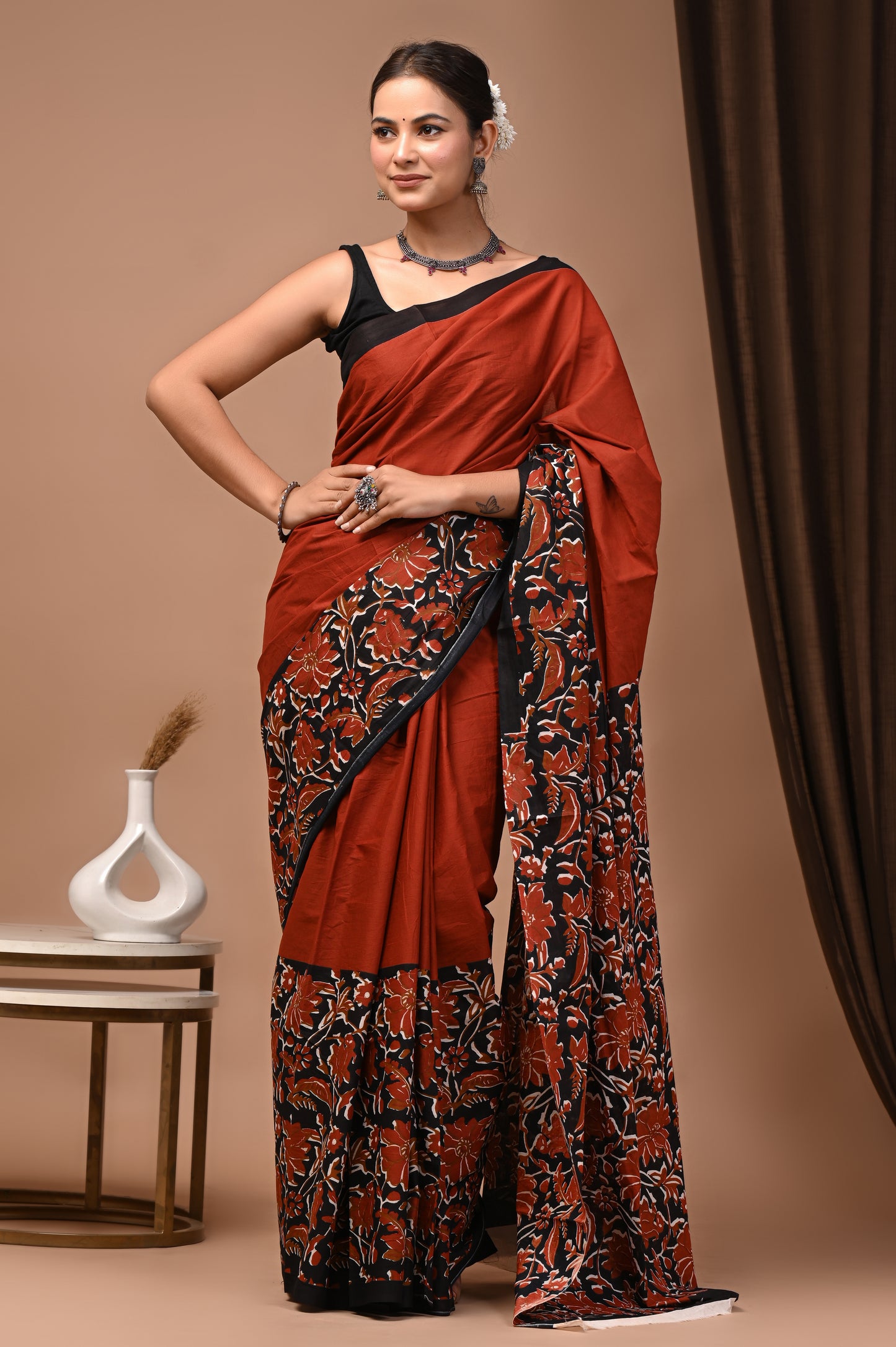 Rust Cotton Mulmul Kalamkari Floral Print Saree