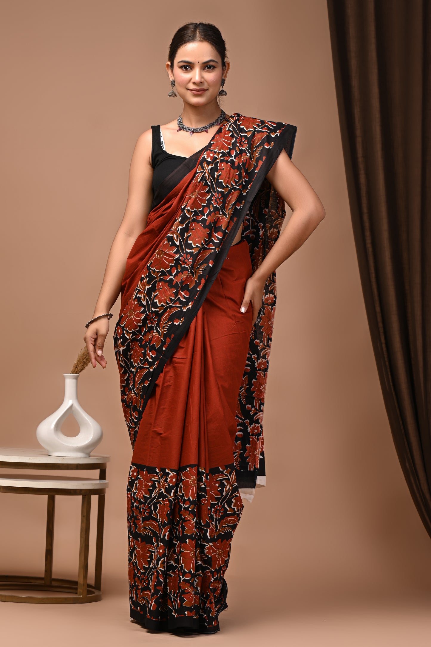 Rust Cotton Mulmul Kalamkari Floral Print Saree