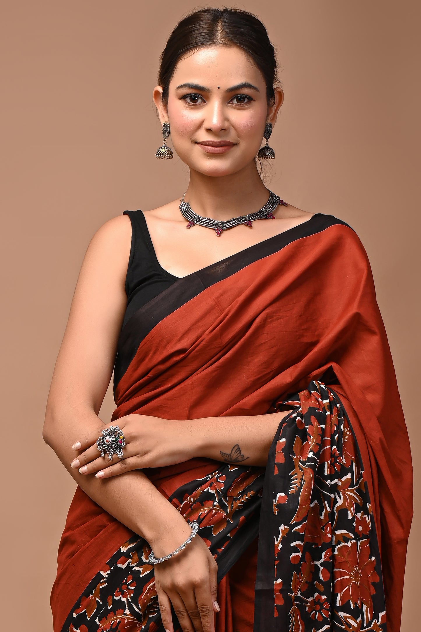 Rust Cotton Mulmul Kalamkari Floral Print Saree