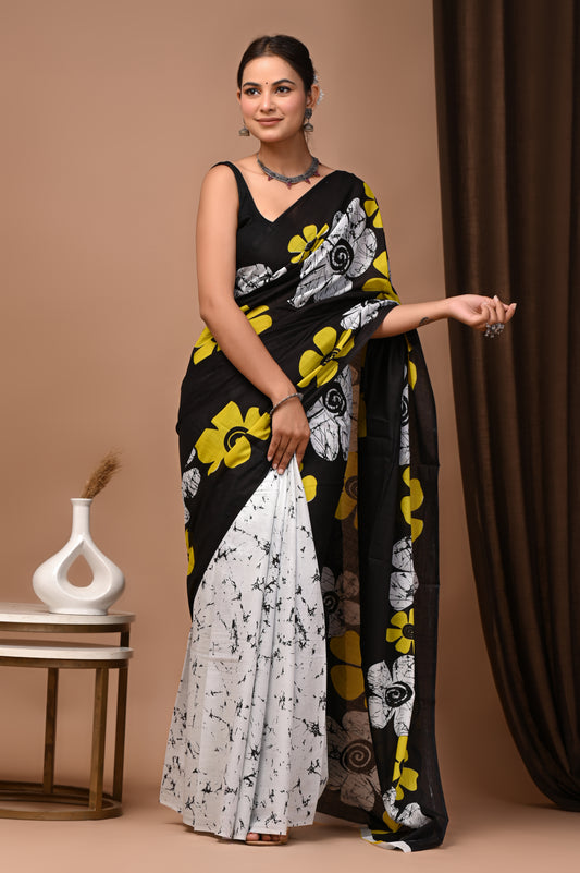 Noir Cotton Mulmul Batik Floral Print Saree