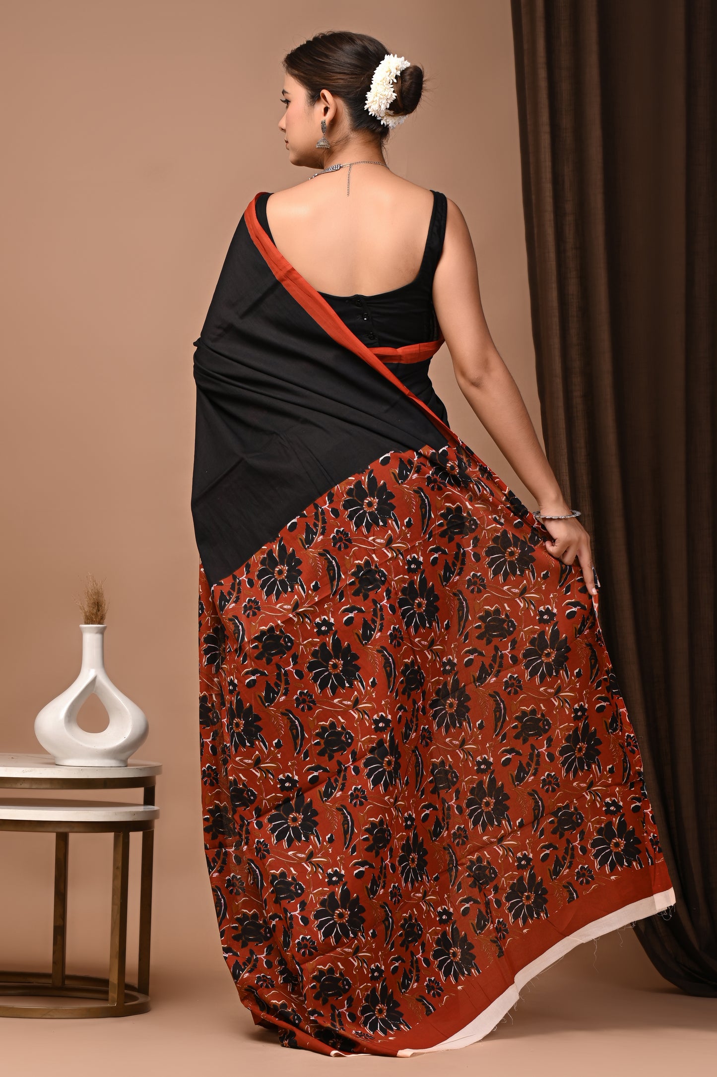 Noir Rust Cotton Mulmul Kalamkari Border Saree