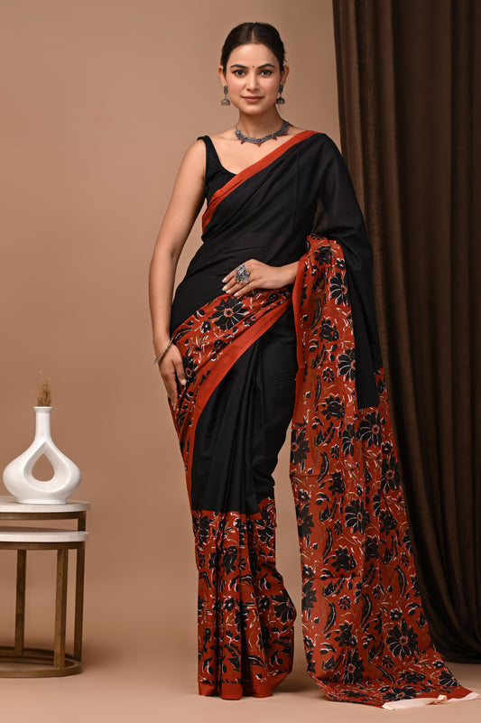 Noir Rust Cotton Mulmul Kalamkari Border Saree