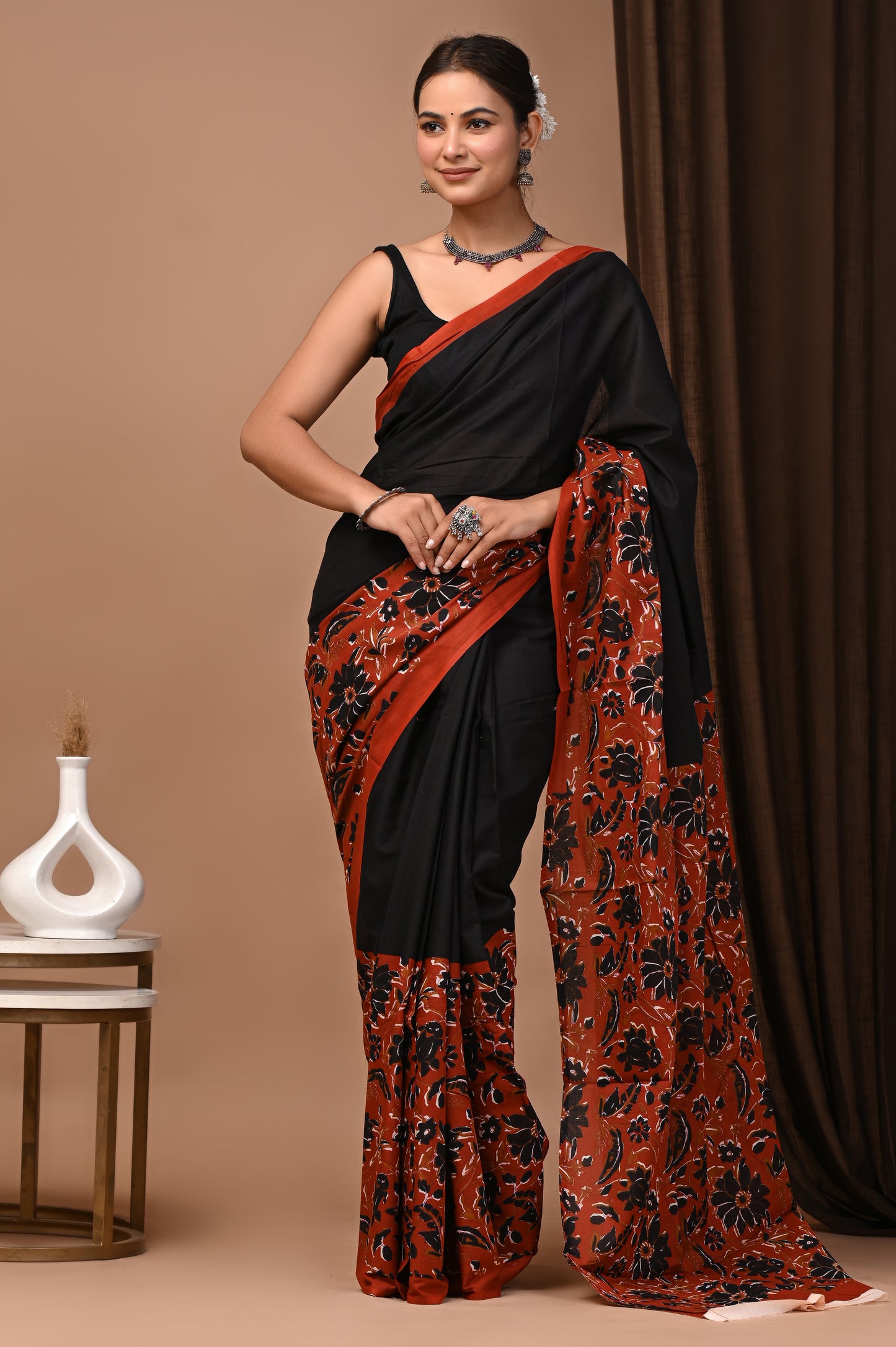 Noir Rust Cotton Mulmul Kalamkari Border Saree