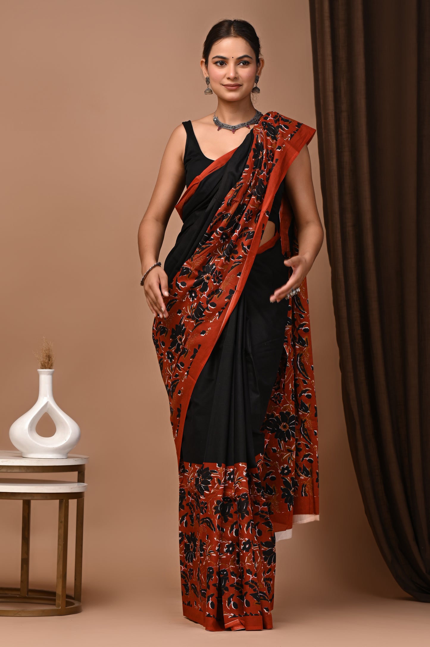 Noir Rust Cotton Mulmul Kalamkari Border Saree