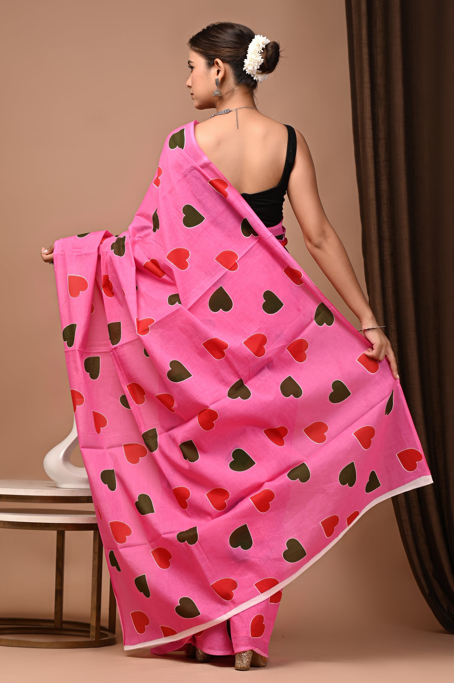 Blush Pink Cotton Mulmul Heart Print Saree