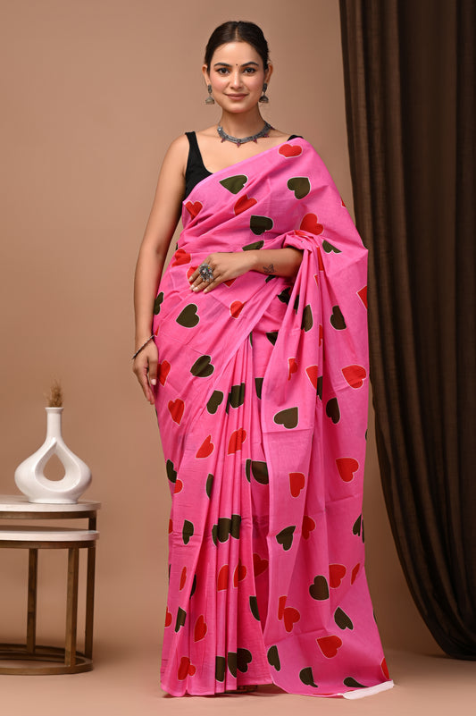 Blush Pink Cotton Mulmul Heart Print Saree