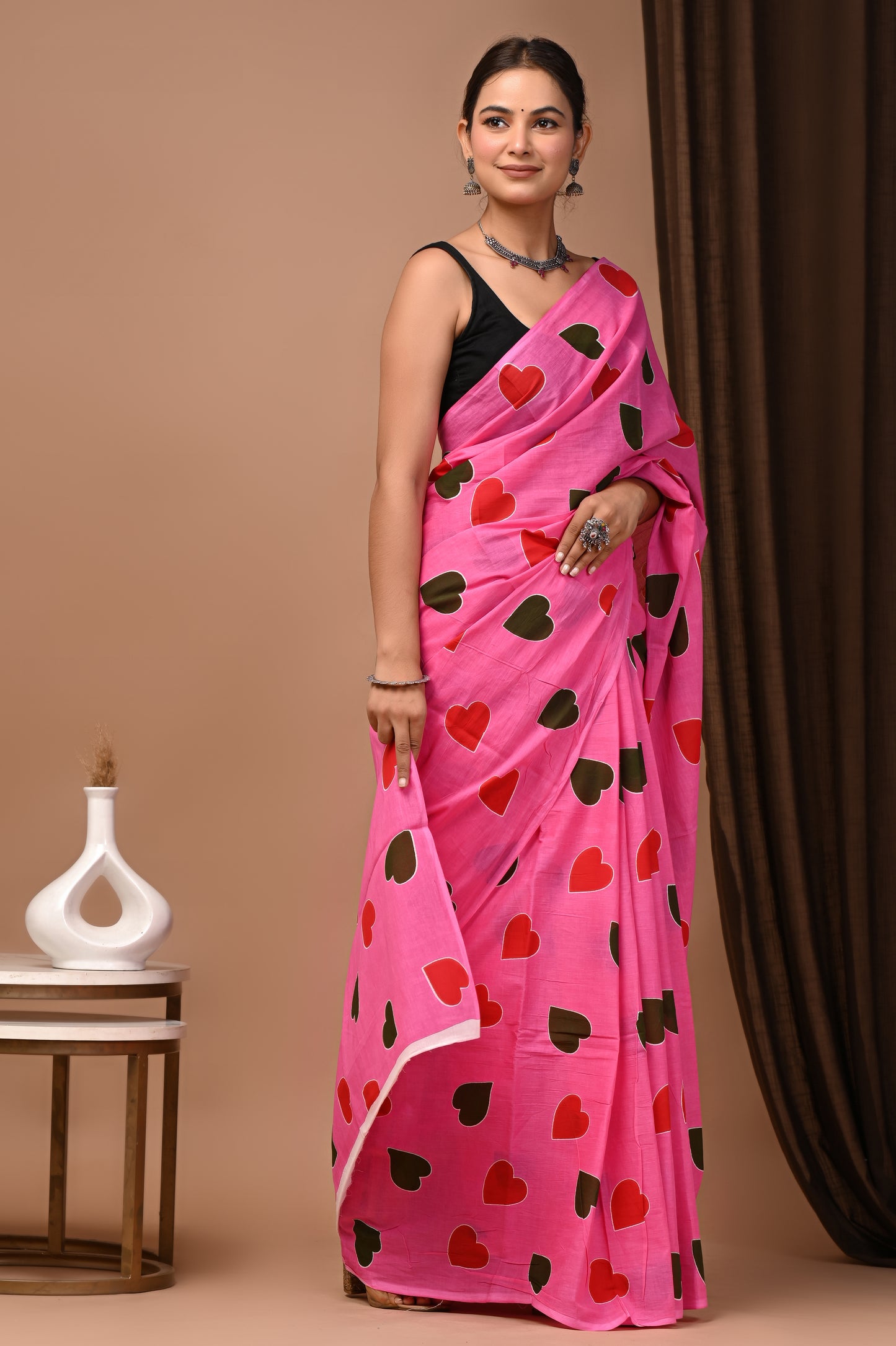 Blush Pink Cotton Mulmul Heart Print Saree