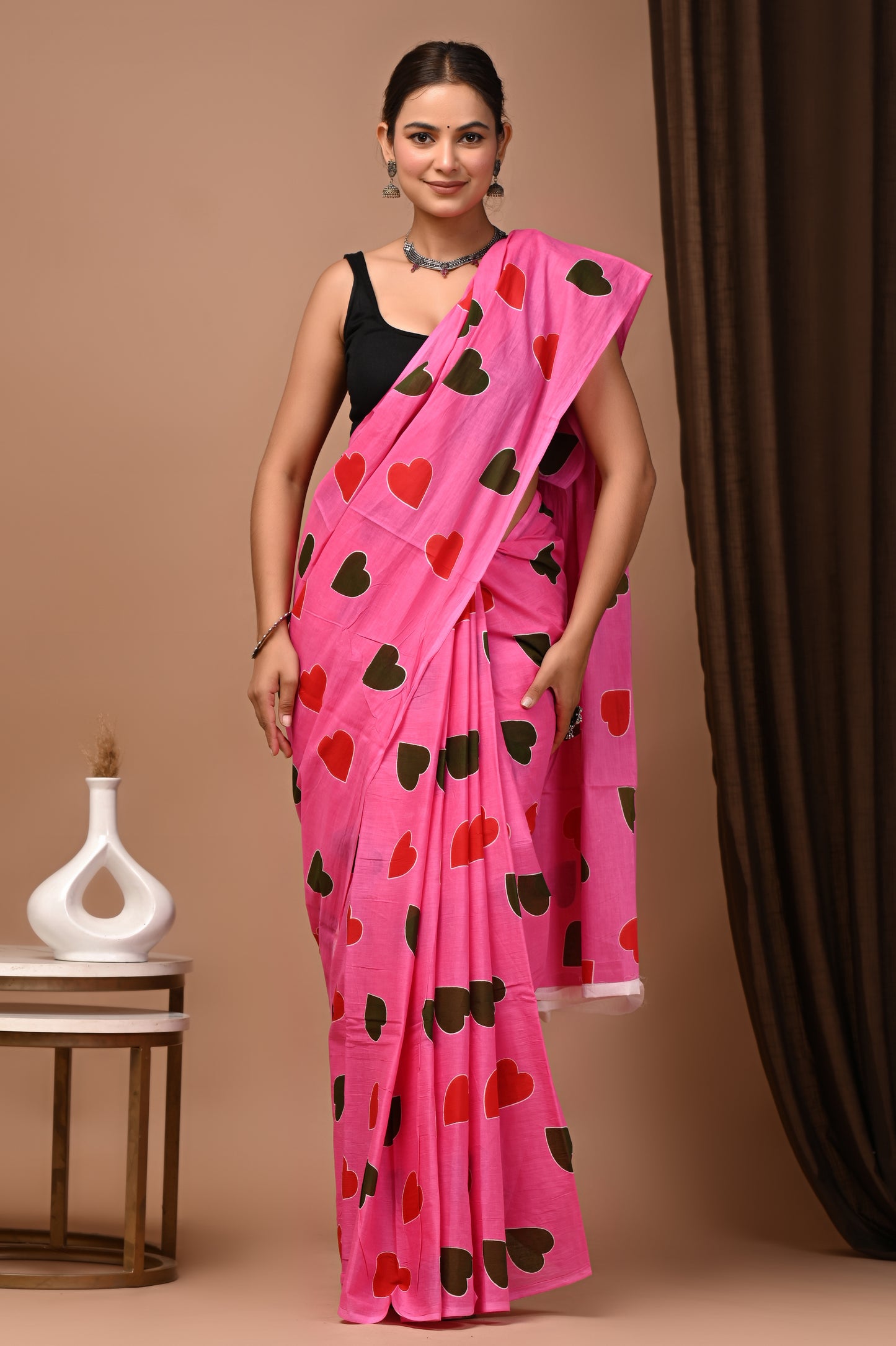 Blush Pink Cotton Mulmul Heart Print Saree