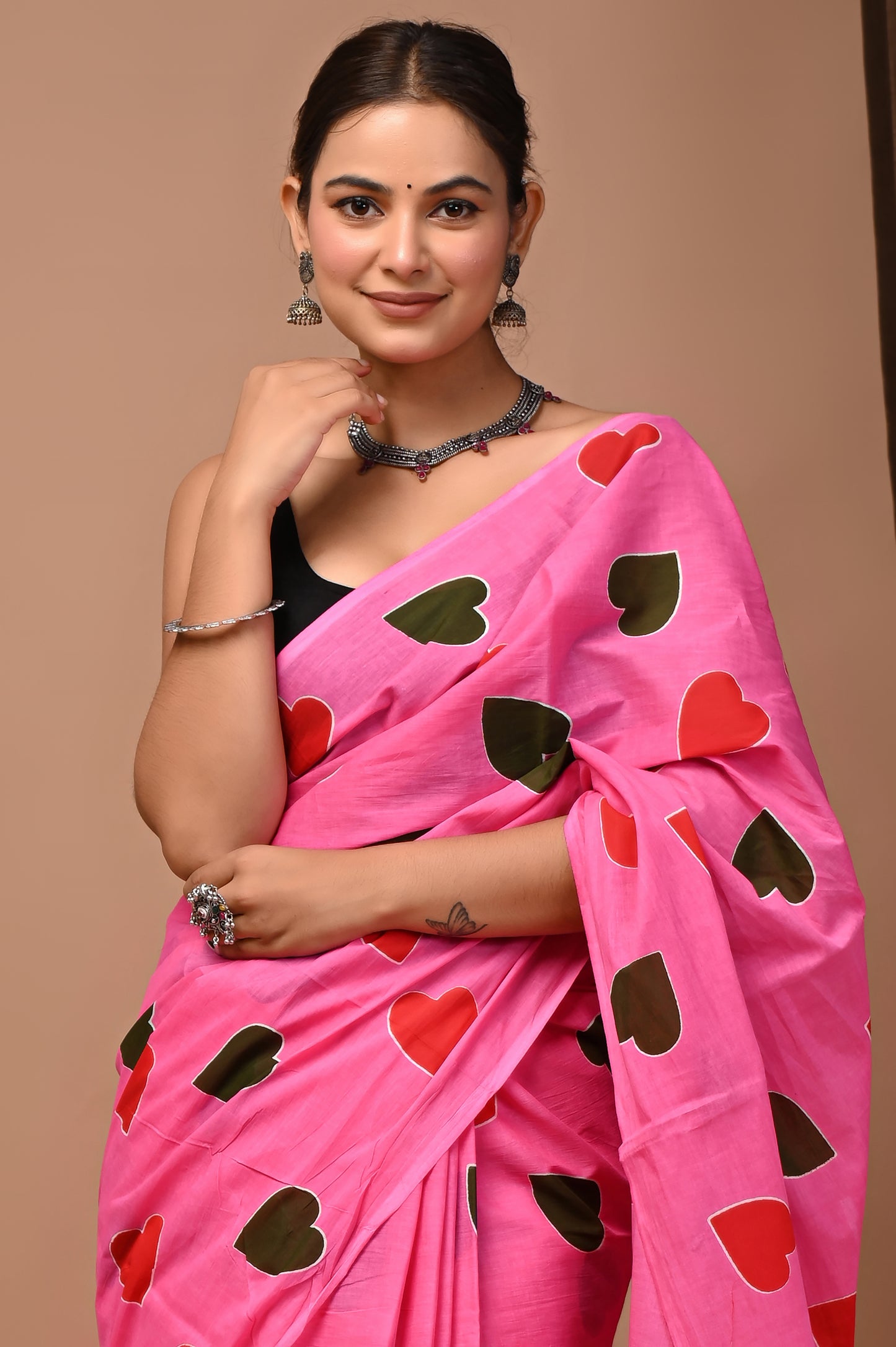 Blush Pink Cotton Mulmul Heart Print Saree