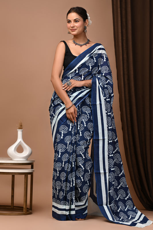 Navy Cotton Mulmul Tree Booti Print Saree