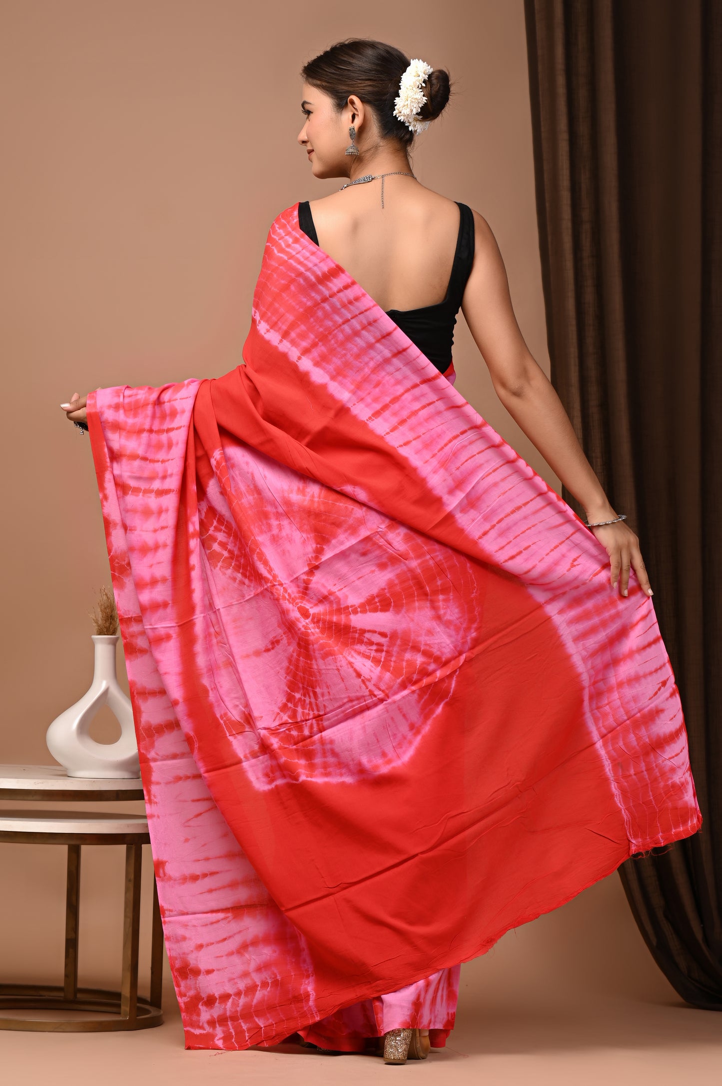 Coral Cotton Mulmul Shibori Tie-Dye Saree