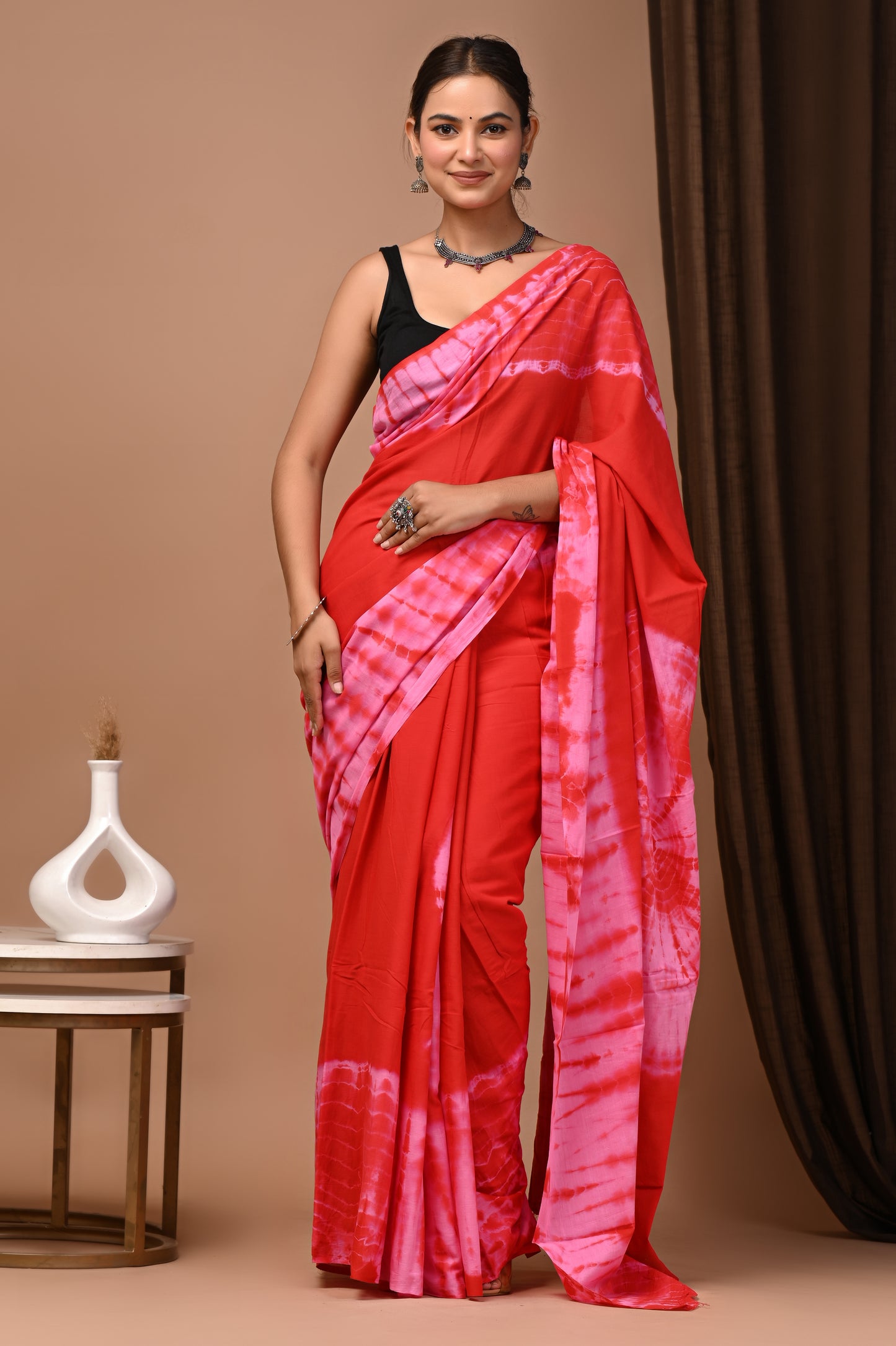 Coral Cotton Mulmul Shibori Tie-Dye Saree