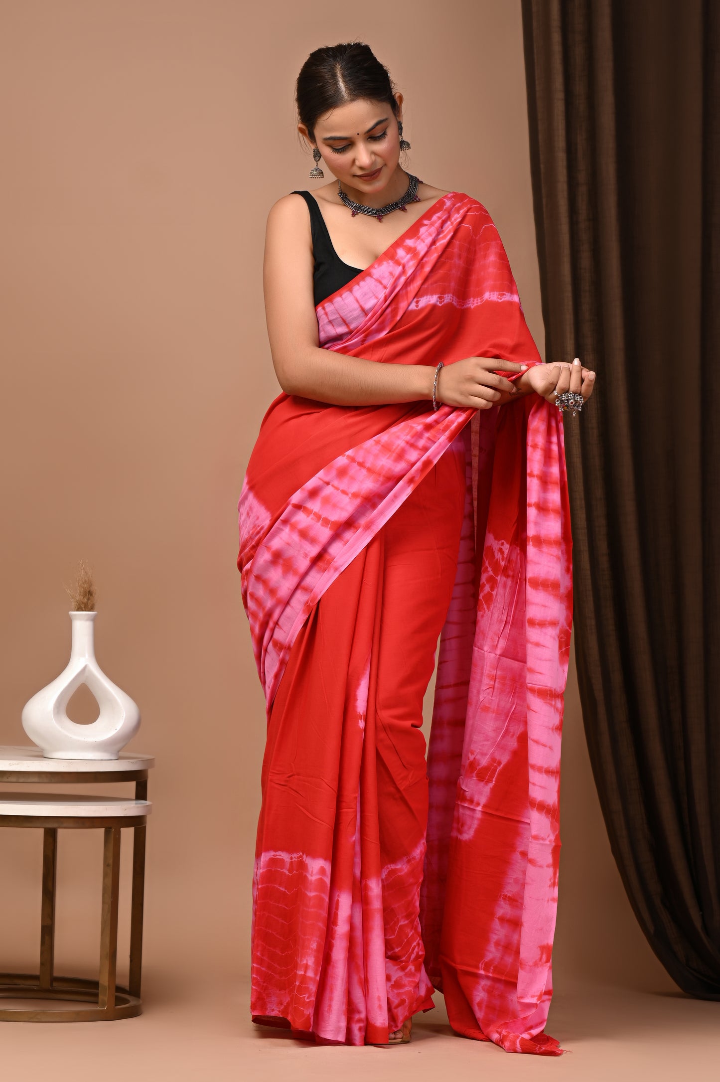 Coral Cotton Mulmul Shibori Tie-Dye Saree