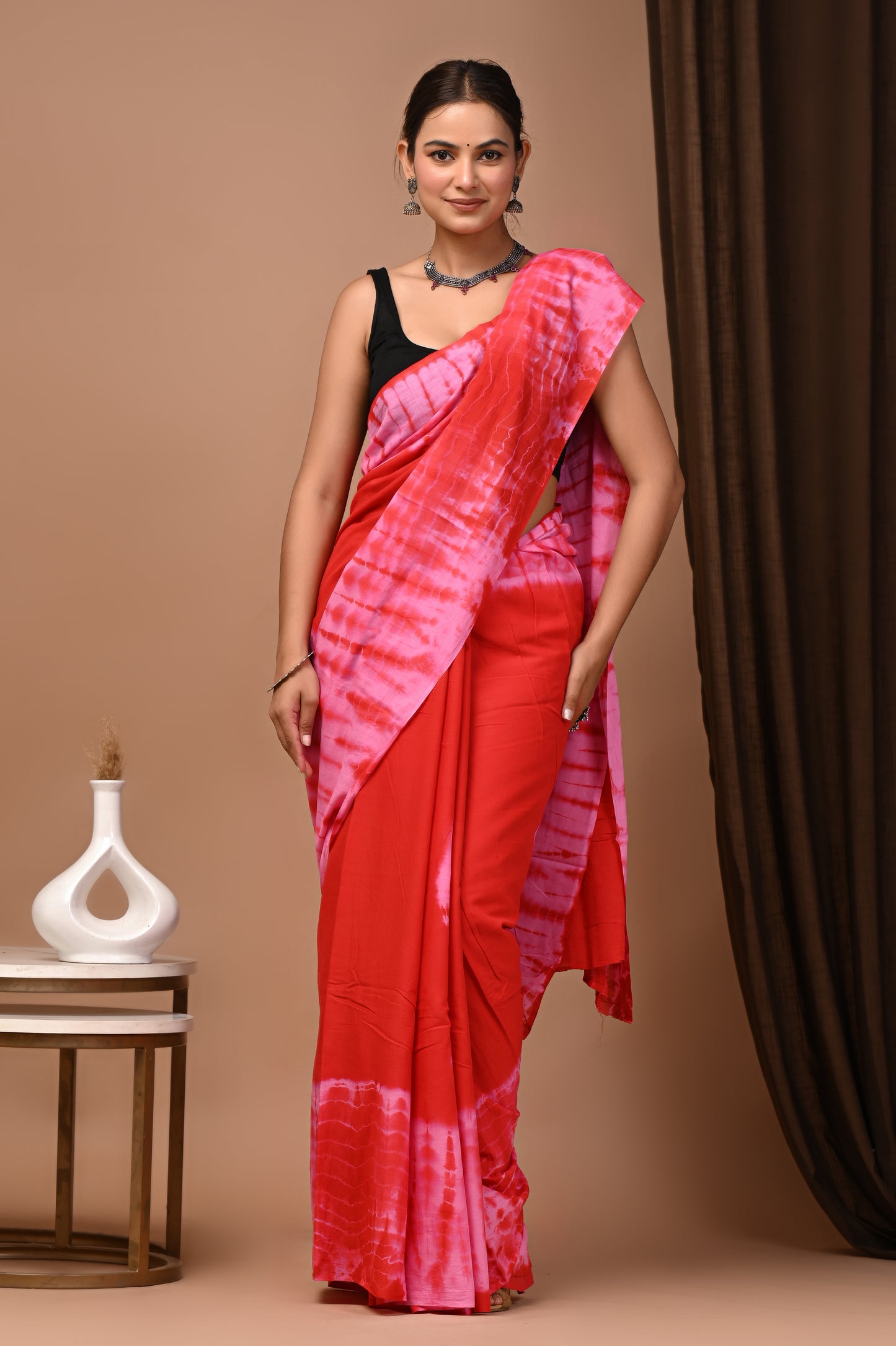 Coral Cotton Mulmul Shibori Tie-Dye Saree