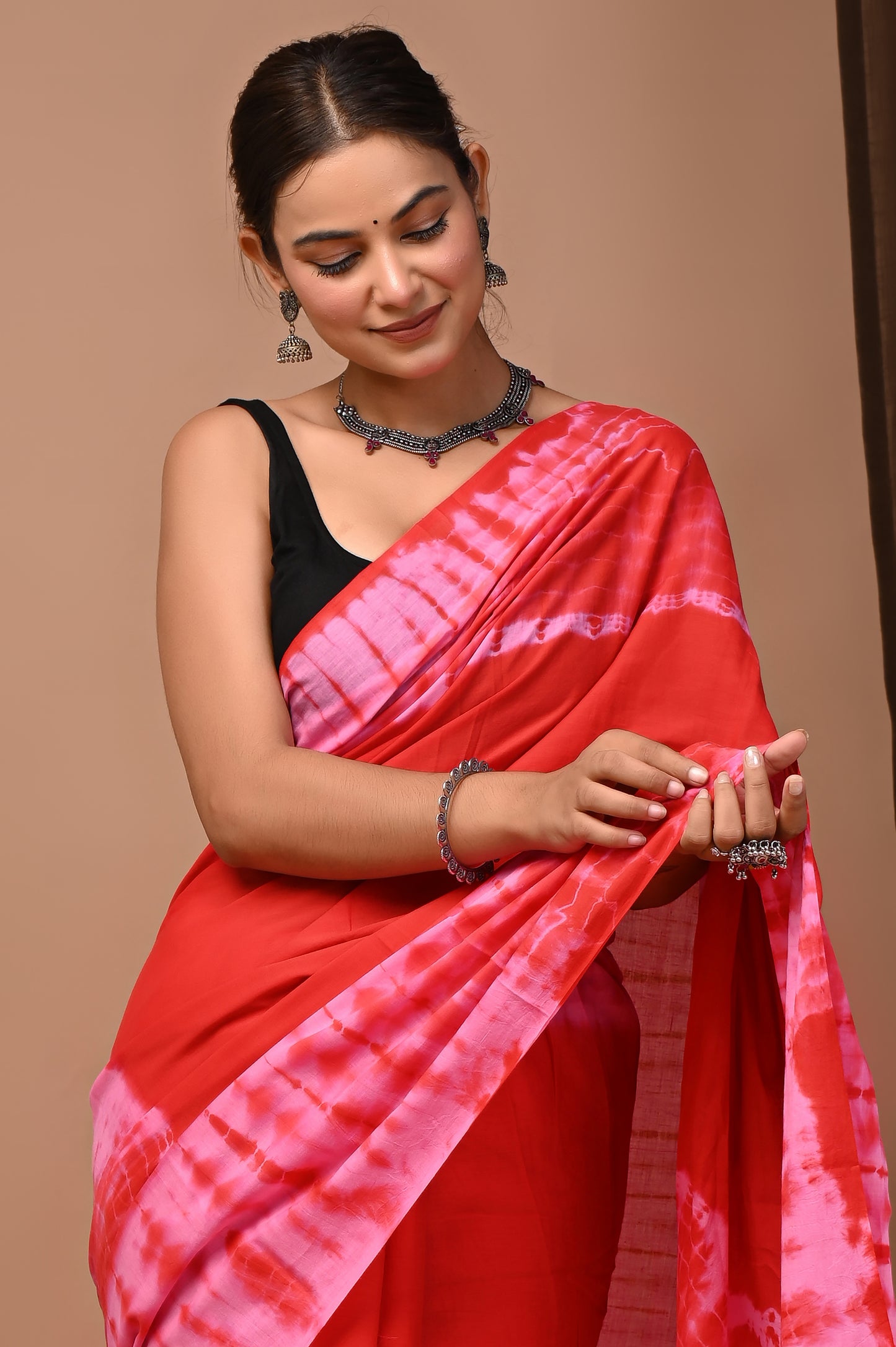 Coral Cotton Mulmul Shibori Tie-Dye Saree