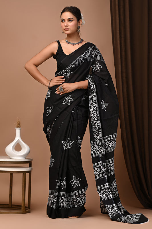Noir Cotton Mulmul Floral Zigzag Print Saree