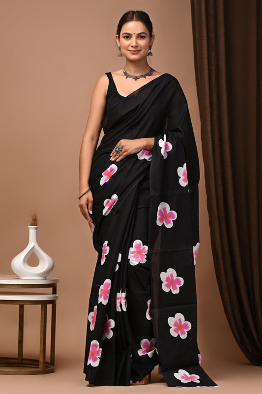 Noir Cotton Mulmul Blossom Print Saree