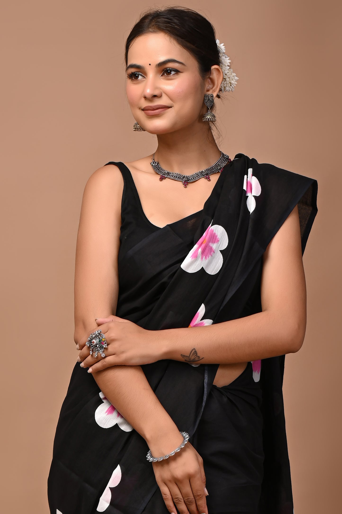 Noir Cotton Mulmul Blossom Print Saree