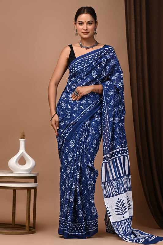 Navy Cotton Mulmul Booti Bloom Saree