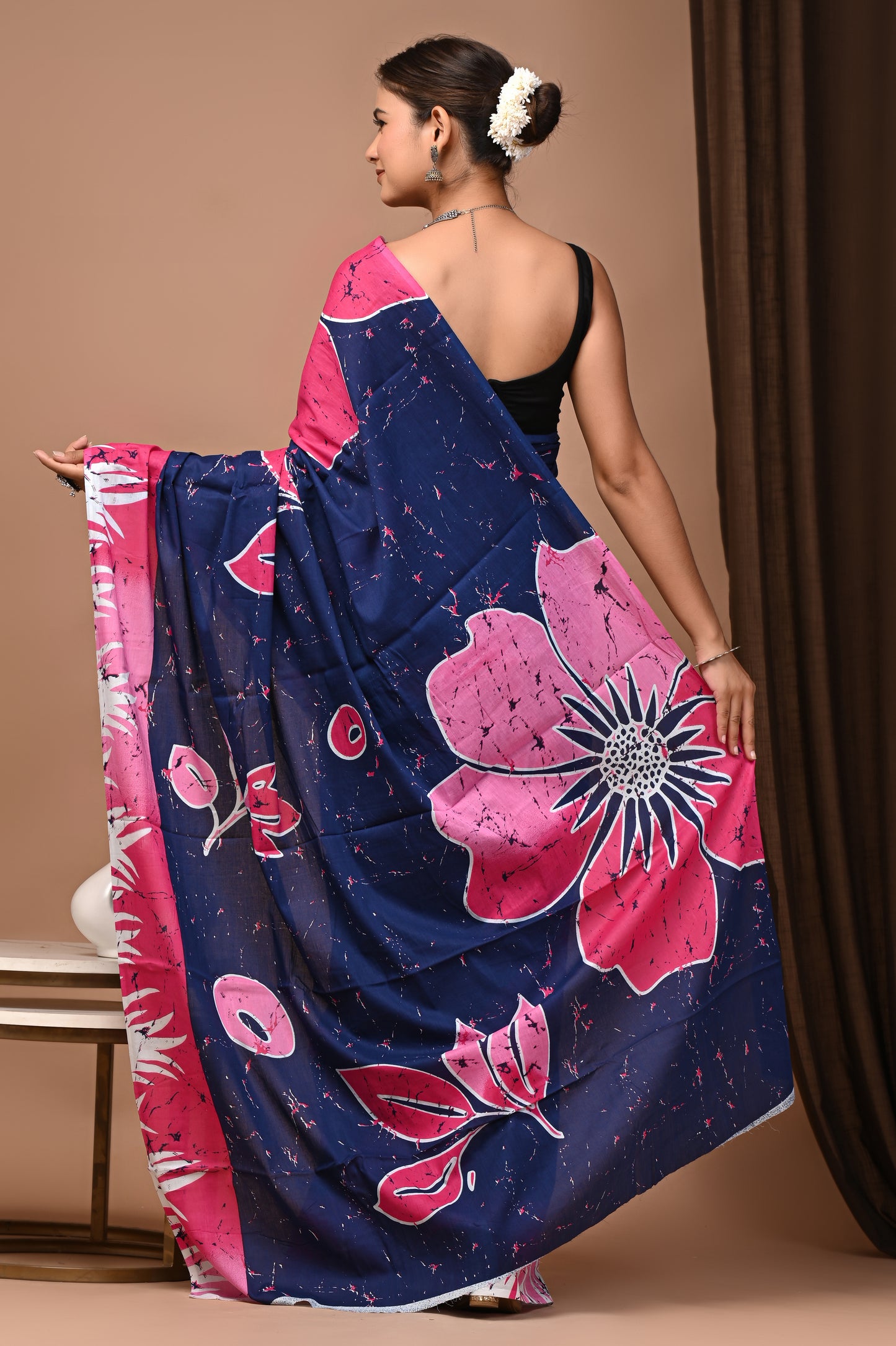 Navy Pink Cotton Mulmul Batik Floral Saree