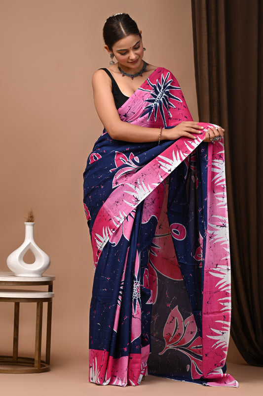 Navy Pink Cotton Mulmul Batik Floral Saree