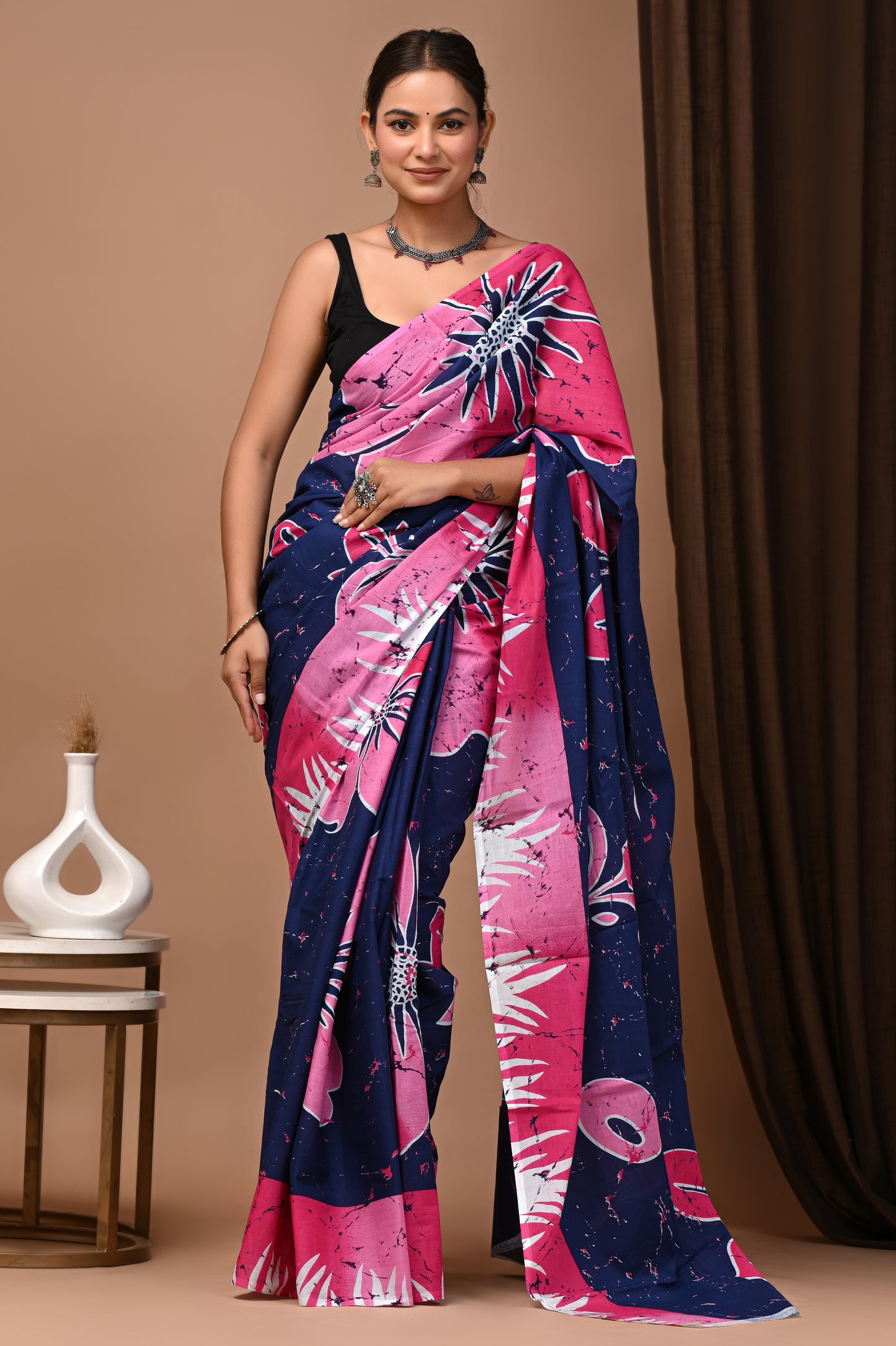 Navy Pink Cotton Mulmul Batik Floral Saree