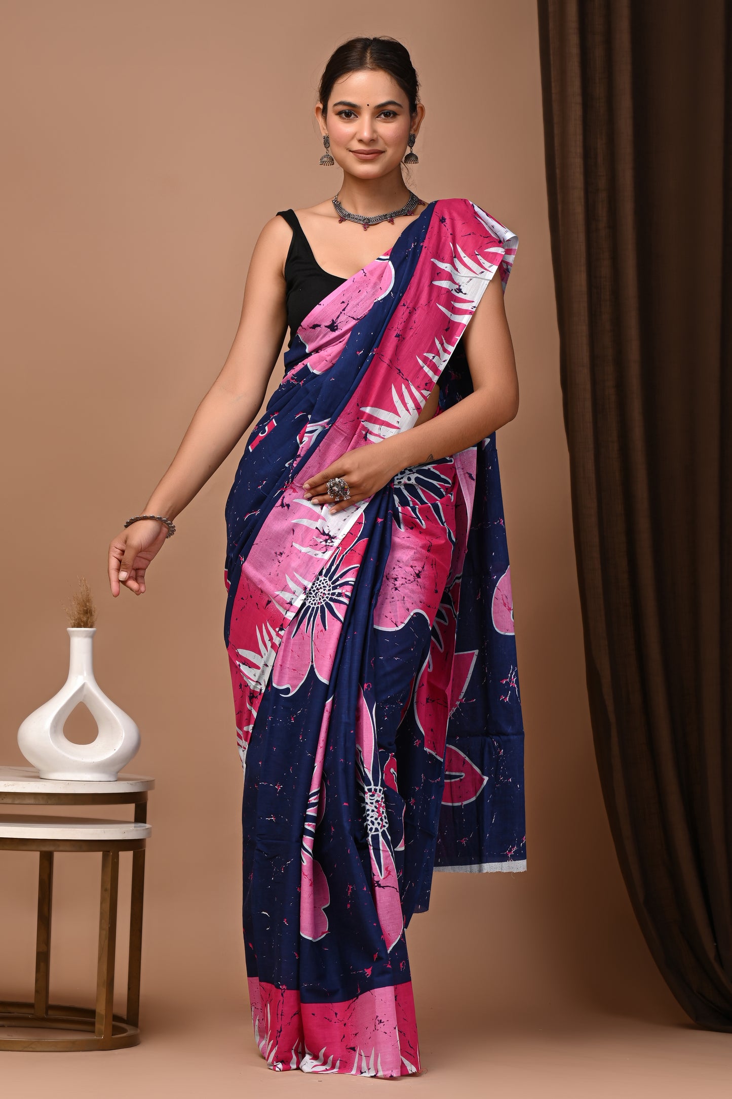 Navy Pink Cotton Mulmul Batik Floral Saree