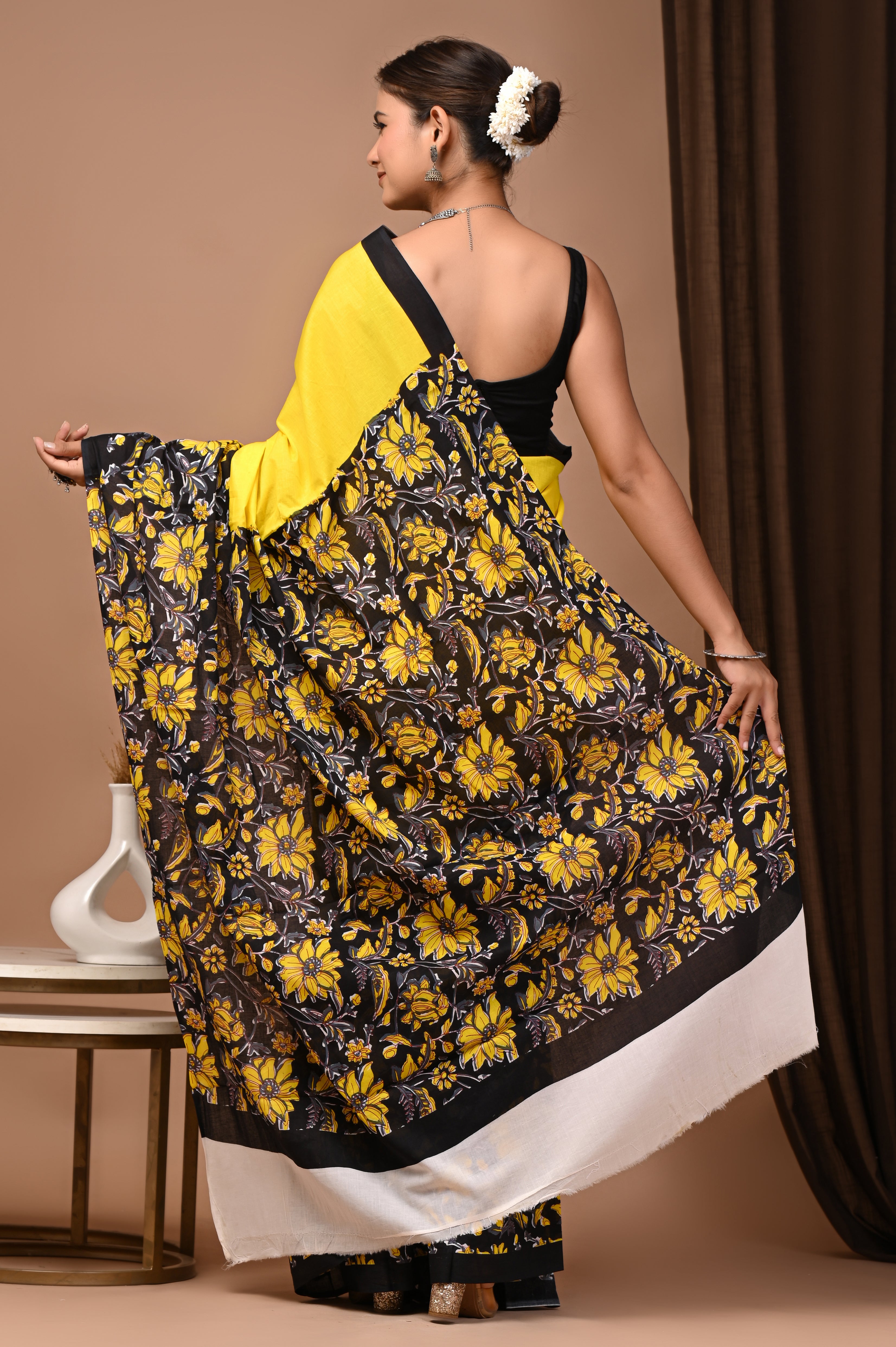 Sunshine Yellow Cotton Mulmul Kalamkari Border Saree