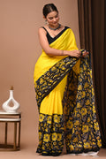 Sunshine Yellow Cotton Mulmul Kalamkari Border Saree