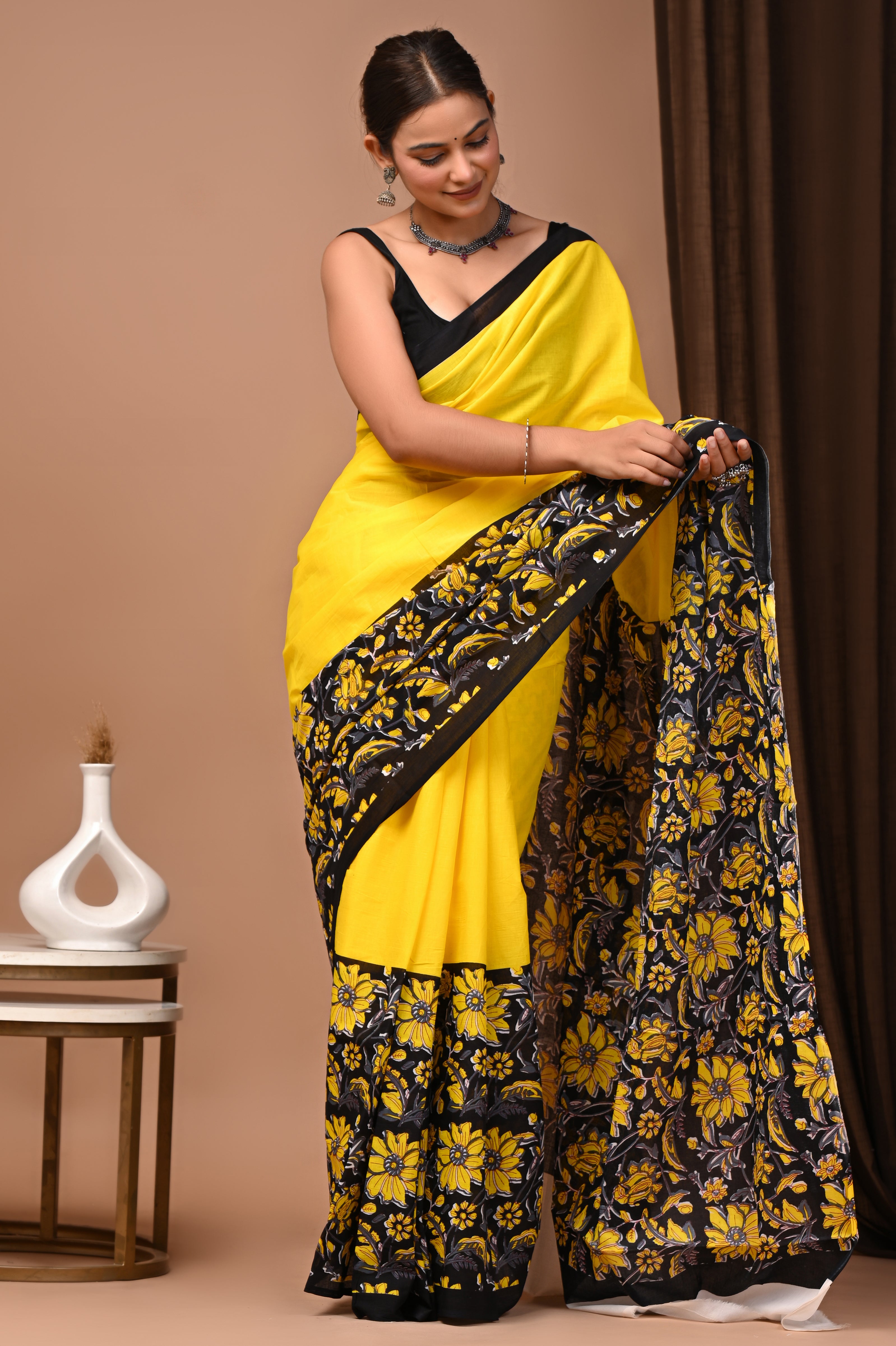 Sunshine Yellow Cotton Mulmul Kalamkari Border Saree