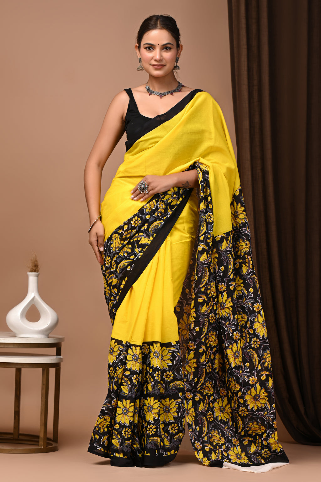 Sunshine Yellow Cotton Mulmul Kalamkari Border Saree
