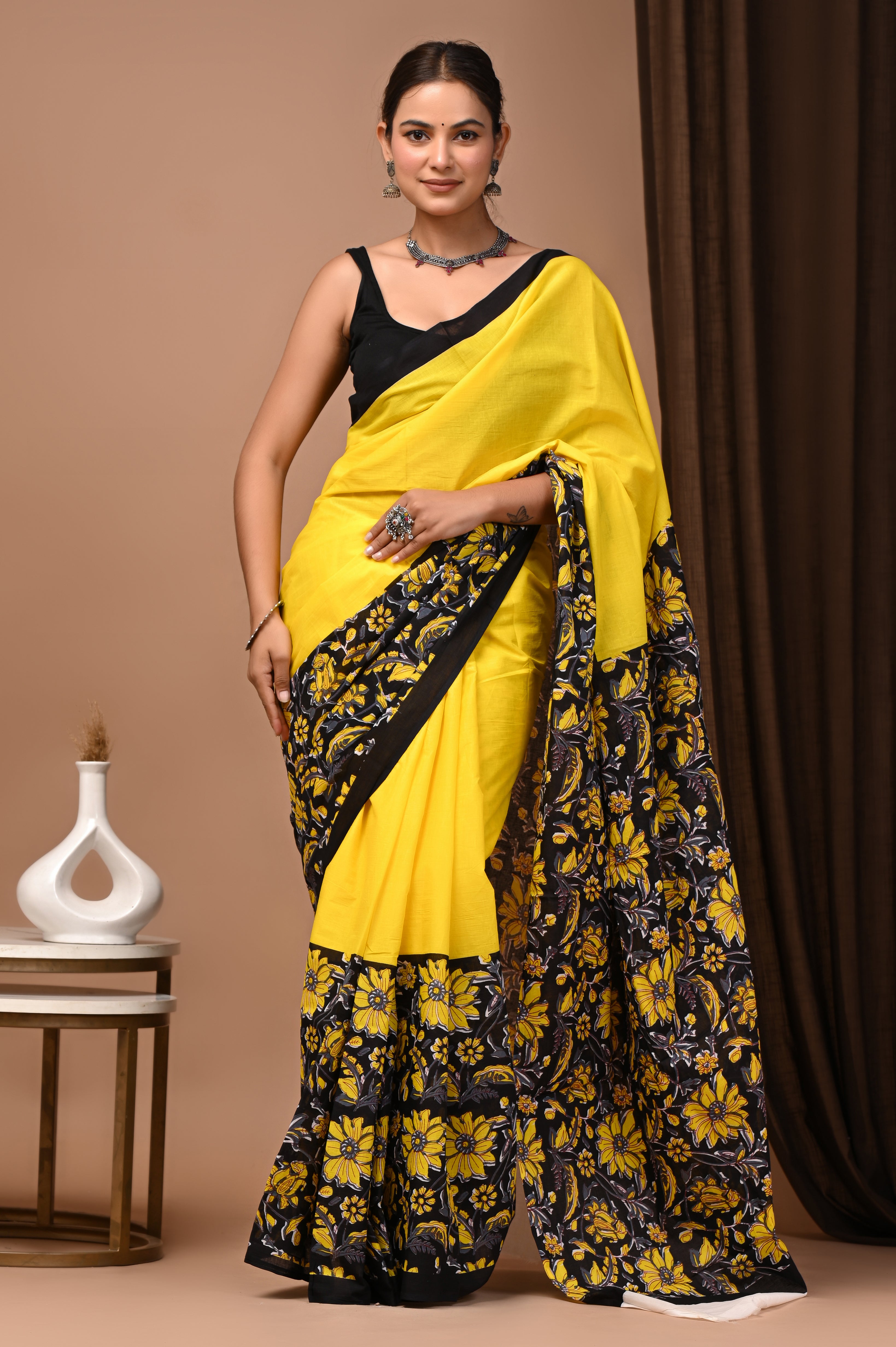 Sunshine Yellow Cotton Mulmul Kalamkari Border Saree