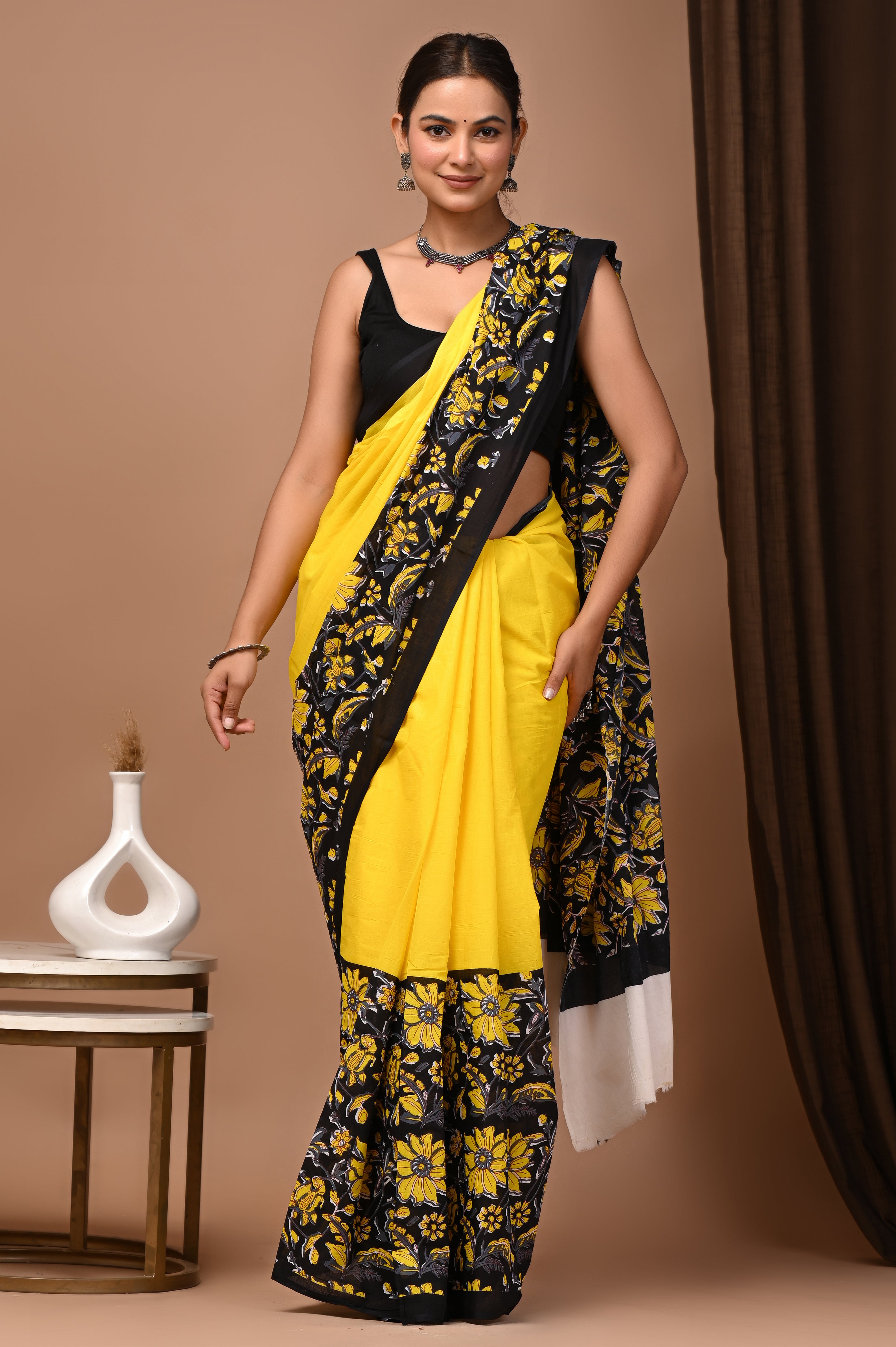 Sunshine Yellow Cotton Mulmul Kalamkari Border Saree
