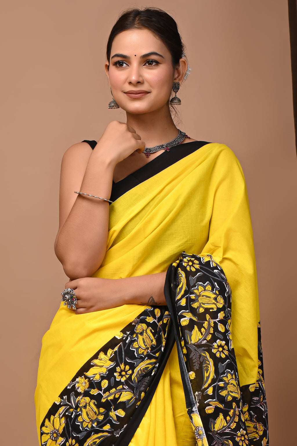 Sunshine Yellow Cotton Mulmul Kalamkari Border Saree