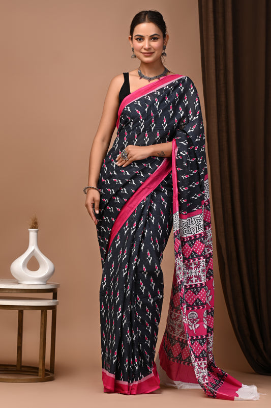 Noir Pink Cotton Mulmul Ikat Dot Saree