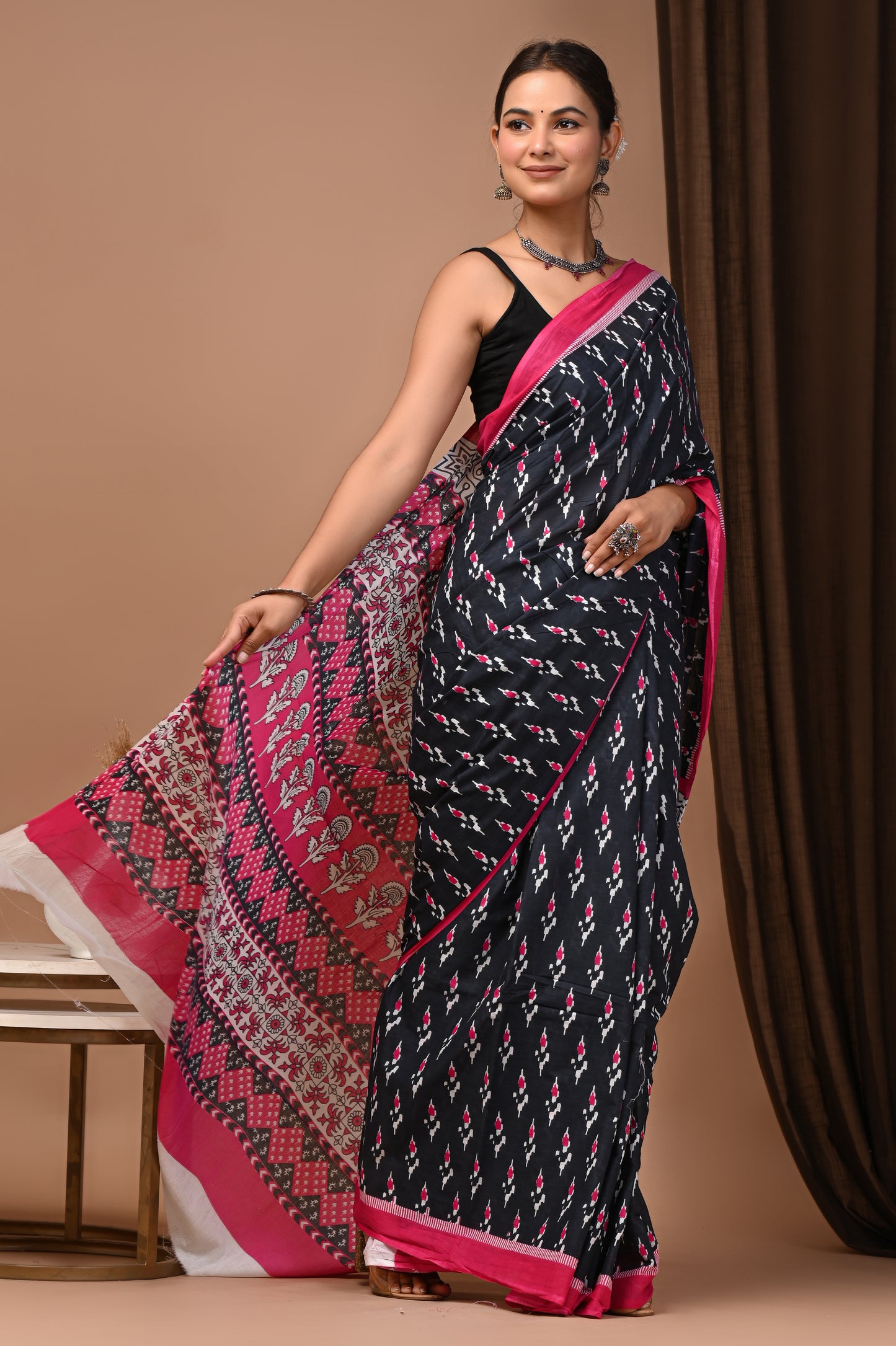 Noir Pink Cotton Mulmul Ikat Dot Saree