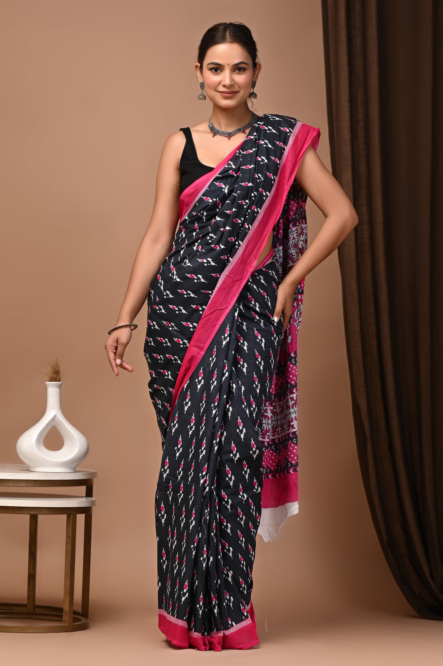 Noir Pink Cotton Mulmul Ikat Dot Saree