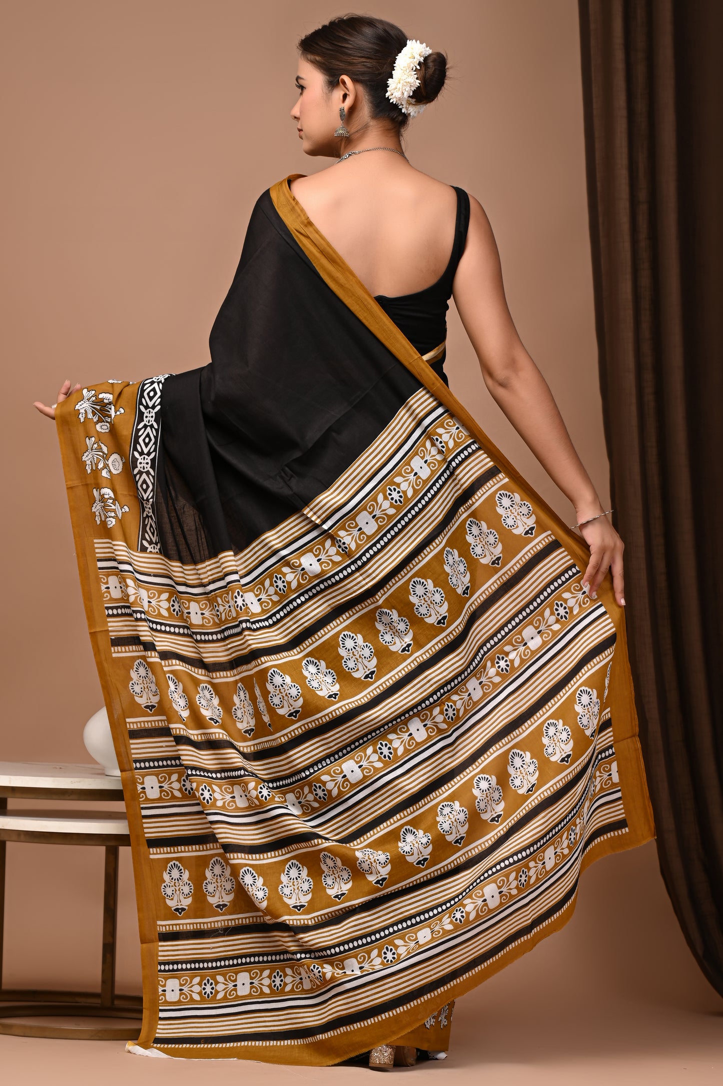 Noir Mustard Cotton Mulmul Floral Border Saree