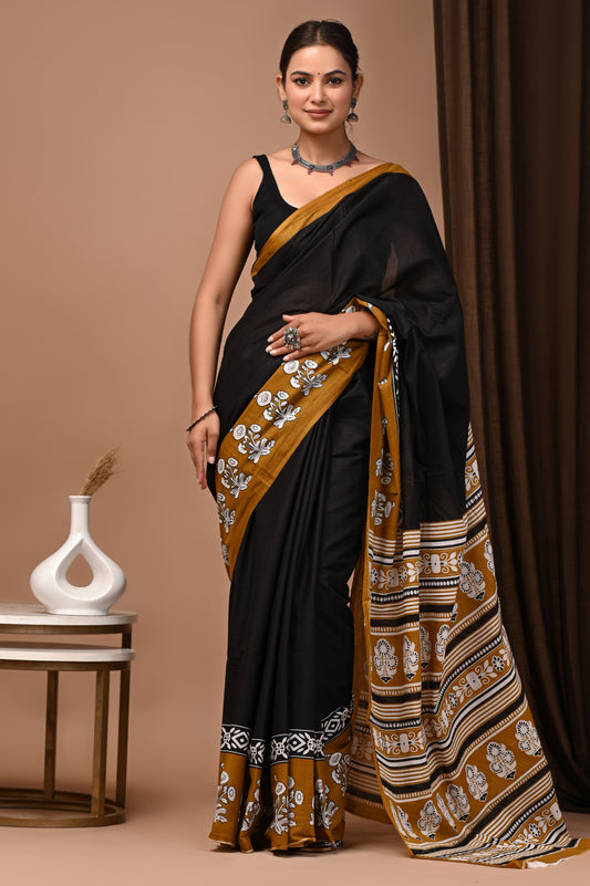 Noir Mustard Cotton Mulmul Floral Border Saree