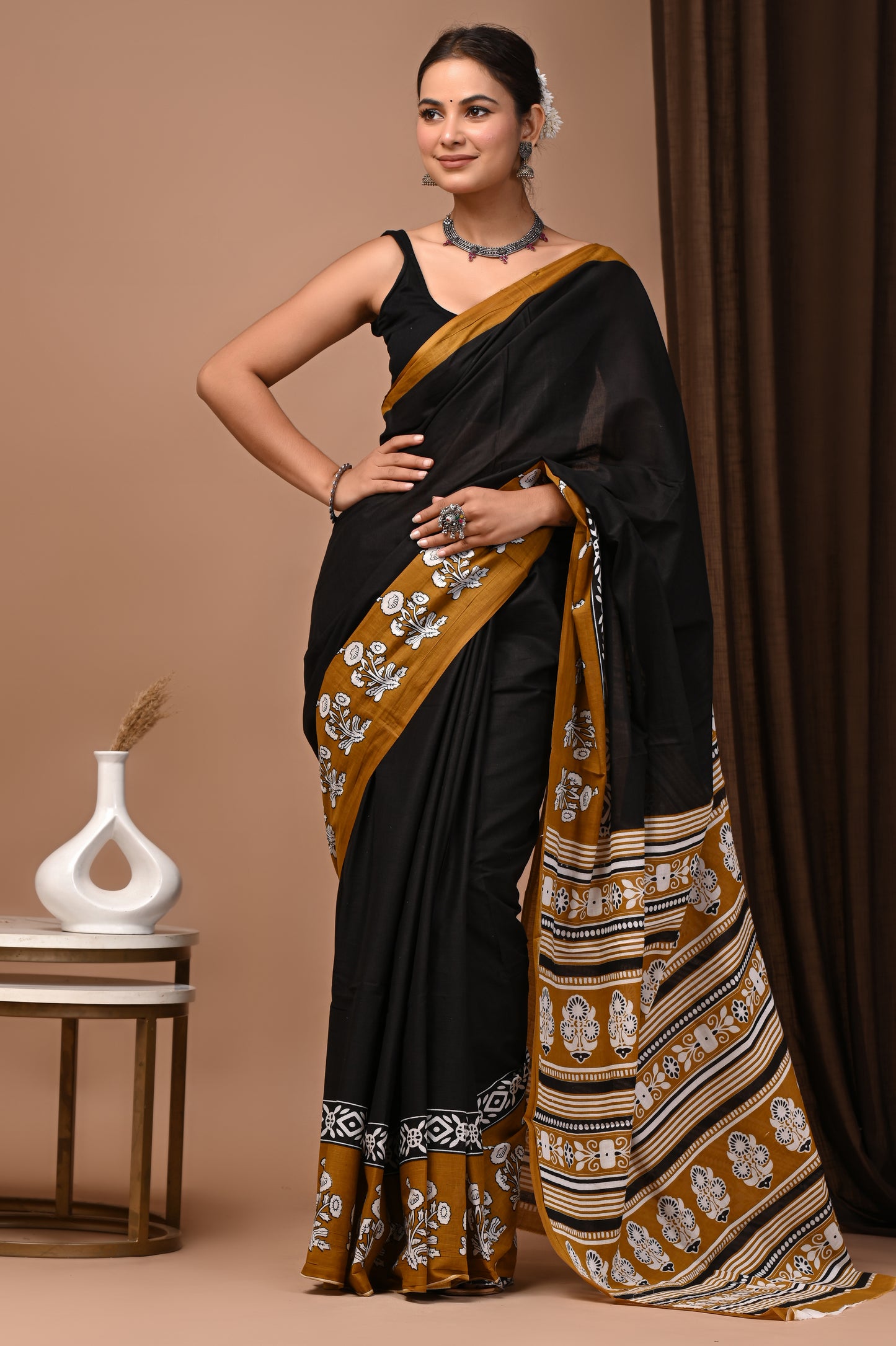 Noir Mustard Cotton Mulmul Floral Border Saree