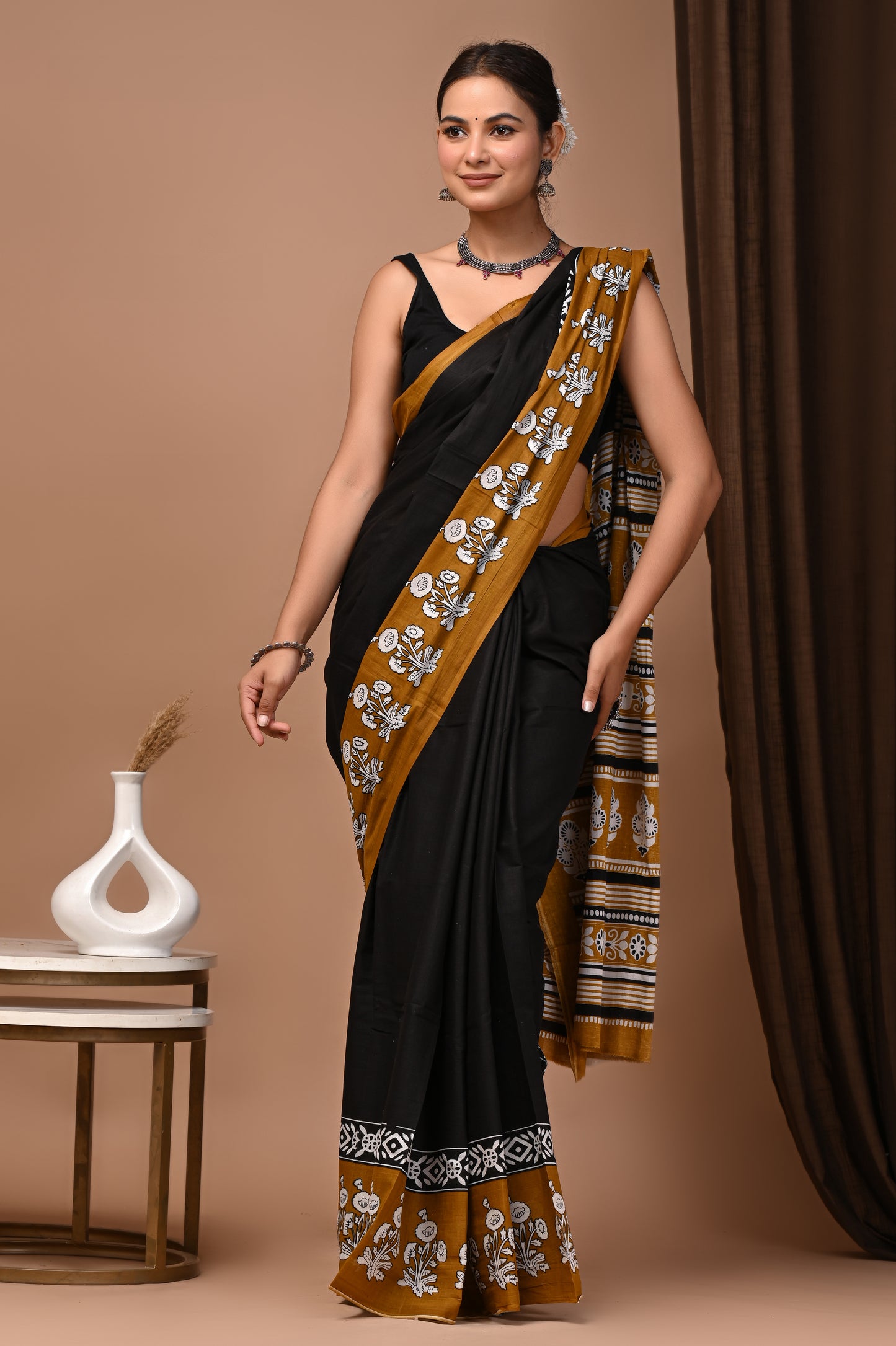 Noir Mustard Cotton Mulmul Floral Border Saree