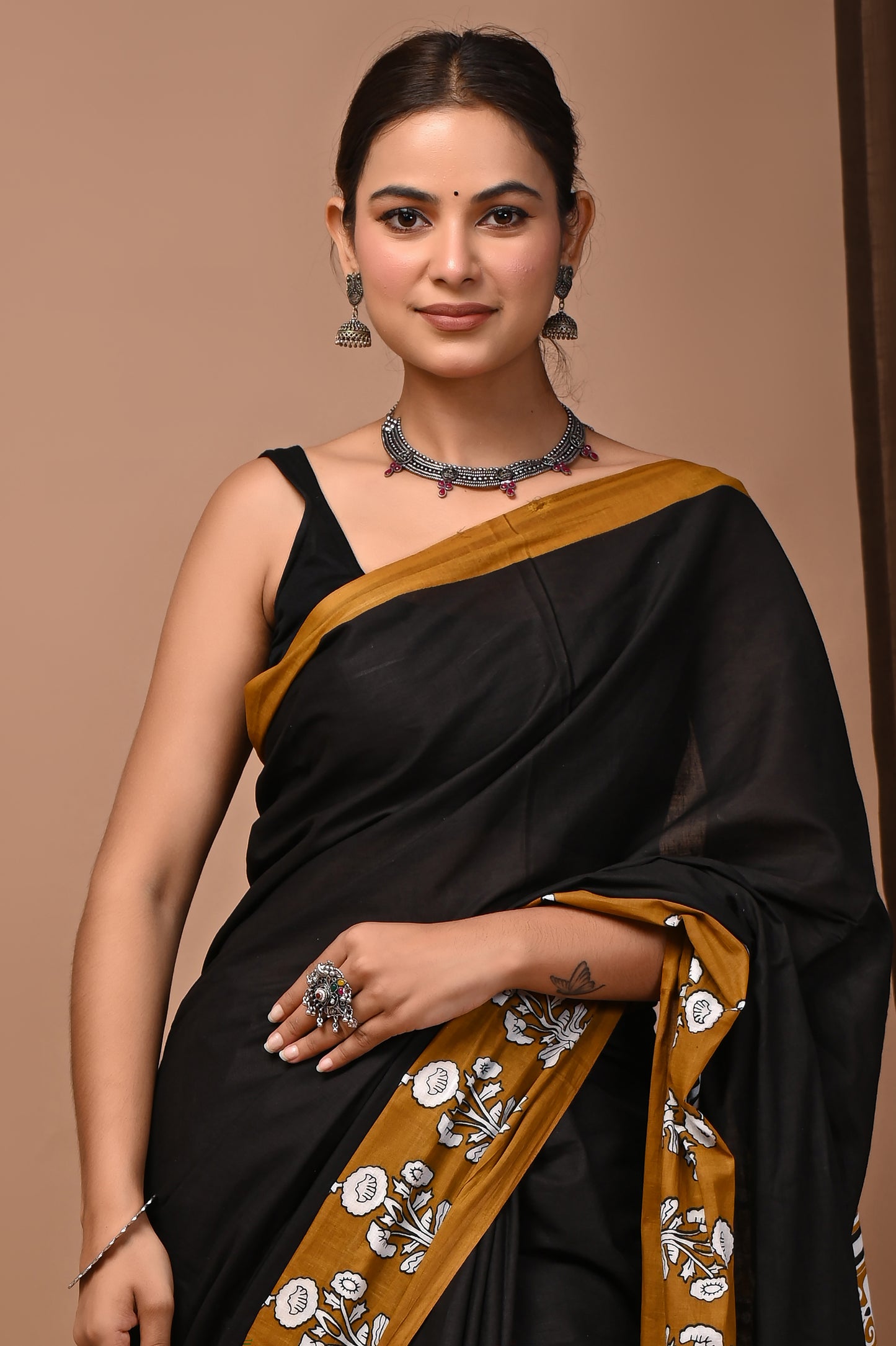 Noir Mustard Cotton Mulmul Floral Border Saree